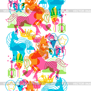 Seamless pattern with unicorns and fantasy items - royalty-free vector image