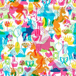 Seamless pattern with unicorns and fantasy items - vector clip art