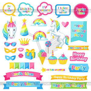 Happy birthday scrapbook patch. Fantasy items and - vector clipart