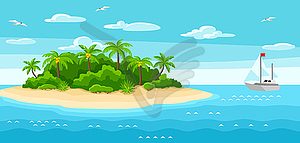 Тропический остров в океане. Пейзаж с океаном, приятель - цветной векторный клипарт