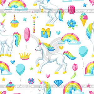 Seamless pattern with unicorns and fantasy items - vector image