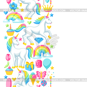 Seamless pattern with unicorns and fantasy items - vector clip art