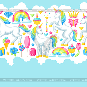Seamless pattern with unicorns and fantasy items - vector clipart