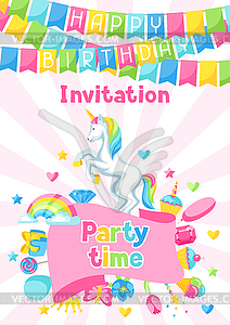 С днем рождения приглашение на вечеринку с единорогом и - векторный дизайн