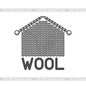 Wool emblem with knitted fabric and needles. Label - vector image