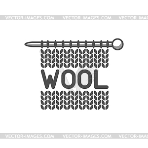 Wool emblem with knitted fabric and needle. Label - vector image