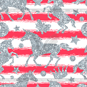 Seamless pattern with unicorns and silver glitter - vector clipart