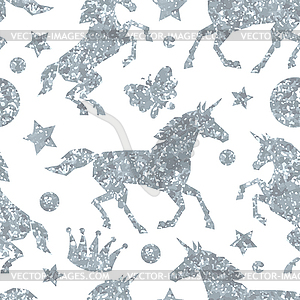 Seamless pattern with unicorns and silver glitter - vector image