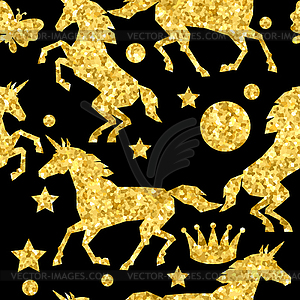 Seamless pattern with unicorns and silver glitter - vector image