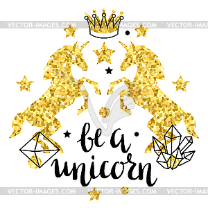 Card with fantasy unicorn and silver glitter texture - vector image