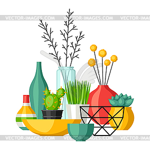 Home decoration vases flower pots, succulents and - vector image