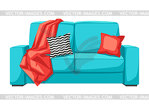 Sofa with plaid and pillow. Interior and furniture - stock vector clipart