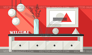 Interior home decor. Table with vases and picture - color vector clipart