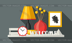 Shelf with home decor. Vase, picture and plant - vector clipart