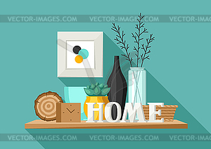 Shelf with home decor. Vase, picture and plant - vector clipart