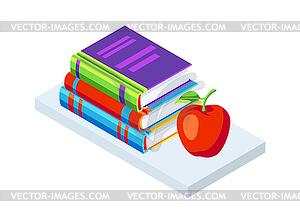 Isometric icon books with apple - vector clip art