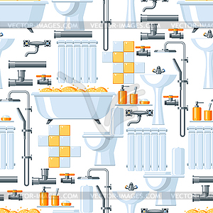 Интерьер ванной комнаты. Бесшовный фон с сантехникой - цветной векторный клипарт