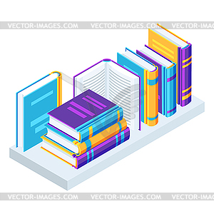 Isometric books on bookshelves - vector image