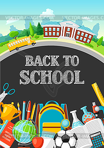School building and bus - vector clipart