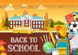 School building and bus - stock vector clipart