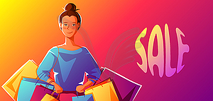 Cute girl with packages on sale - vector clipart