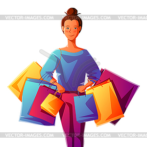 Cute girl with packages - vector clip art