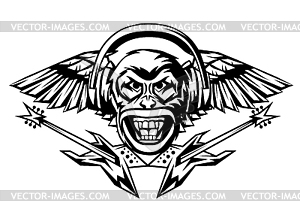 Rock and roll music print. Angry monkey head - vector clipart