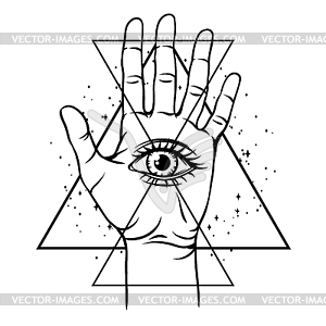 Open hand with all seeing eye symbol - vector clipart