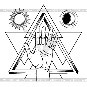 Открытая рука с бесконечным символом треугольника - векторизованное изображение