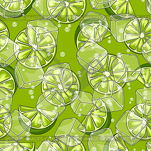 Seamless pattern with limes. Ice cubes and soda - vector clip art