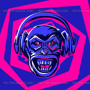 Angry monkey head in headphones - vector clip art