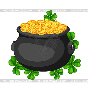 Saint Patricks Day . Pot and gold with clover - vector image