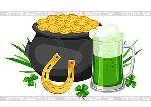 Saint Patricks Day . Pot beer and horseshoe with - vector clip art