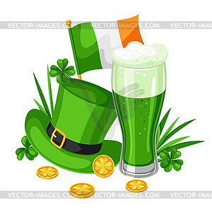 Saint Patricks Day . Beer, hat and flag with clover - vector clip art