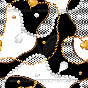 Seamless pattern with golden chains and lace - vector image
