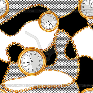 Seamless pattern with golden chains and watches - vector clipart