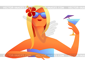 Girl sunbathes on beach with cocktail - vector image