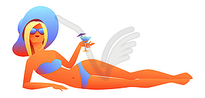 Girl sunbathes on beach - vector clipart