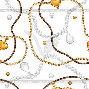 Seamless pattern with golden chains and pearls - vector clip art