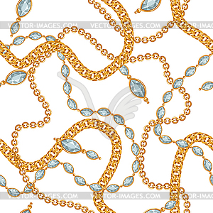 Seamless pattern with golden chains and gem stones - vector clipart