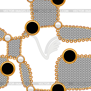 Seamless pattern with golden chains and lace - vector image