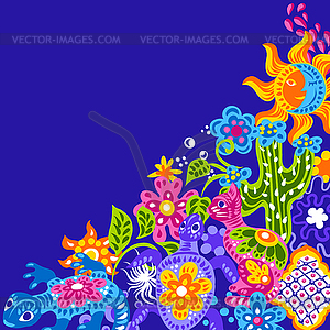 Mexican background with cute naive art items - vector clipart