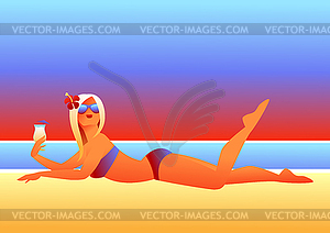 Girl sunbathes on beach - vector clipart