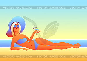 Girl sunbathes on beach - color vector clipart