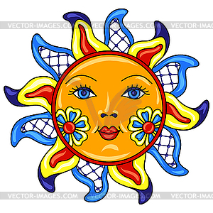 Mexican sun with ornamental flowers - color vector clipart