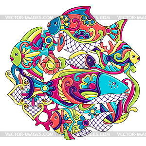 Background with fishes. Mexican ceramic cute naive - vector image