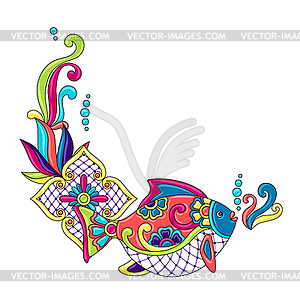 Decorative frame with fishes. Mexican ceramic cute - vector image