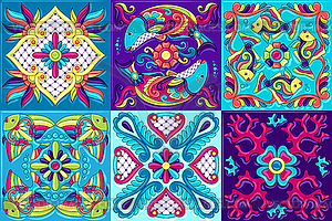 Mexican talavera ceramic tile pattern with fishes - vector image