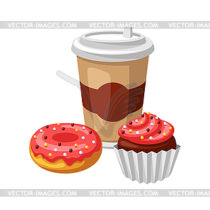 With fast food meal. Coffee, muffin and donut - vector image