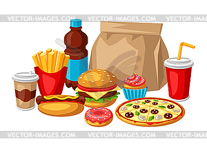 With fast food meal. Tasty fastfood lunch products - vector image